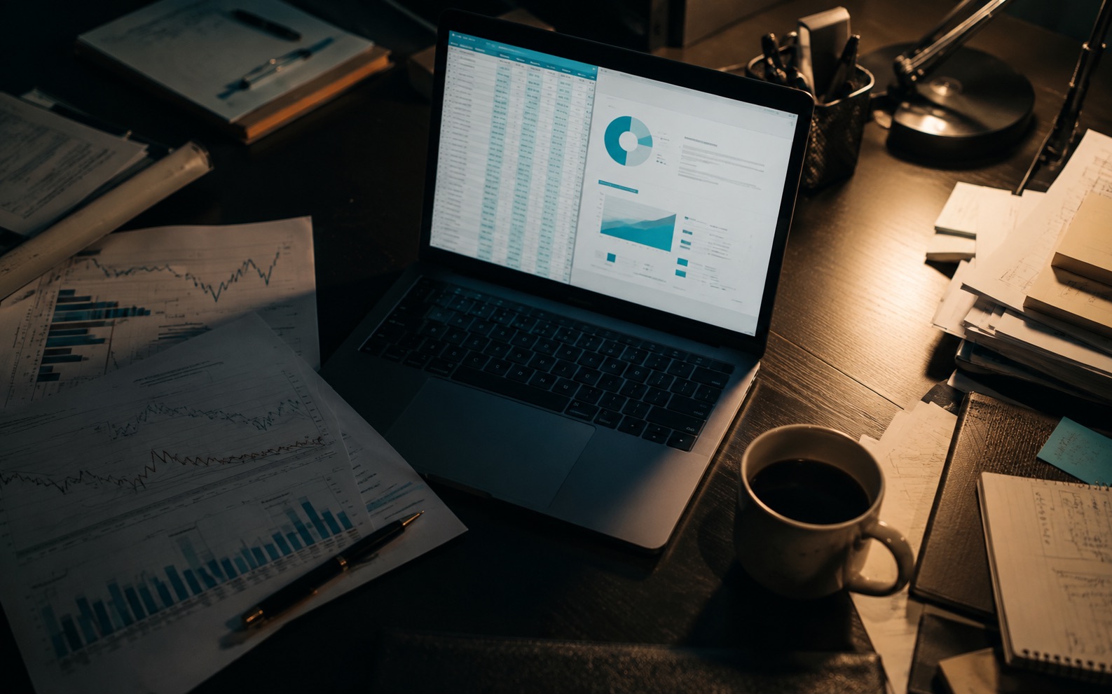Escritorio nocturno con reportes de ventas y una computadora con gráficos